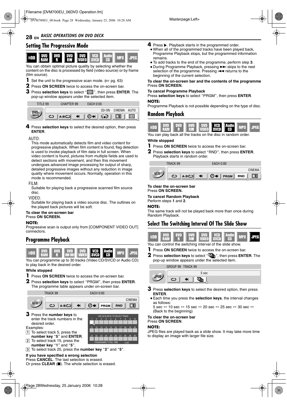 Setting the progressive mode, Programme playback, Random playback | Select the switching interval of the slide show | JVC MINI DV & HDD & DVD SR-DVM700E User Manual | Page 28 / 76