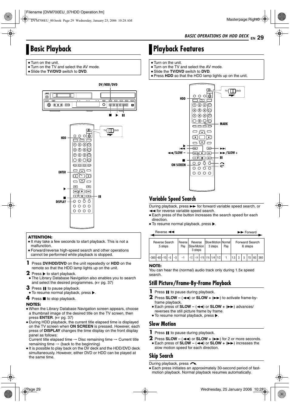 Basic operations on hdd deck, Basic playback, Playback features | Variable speed search, Still picture/frame-by-frame playback, Slow motion, Skip search, Basic playback playback features | JVC MINI DV & HDD & DVD SR-DVM700E User Manual | Page 29 / 76