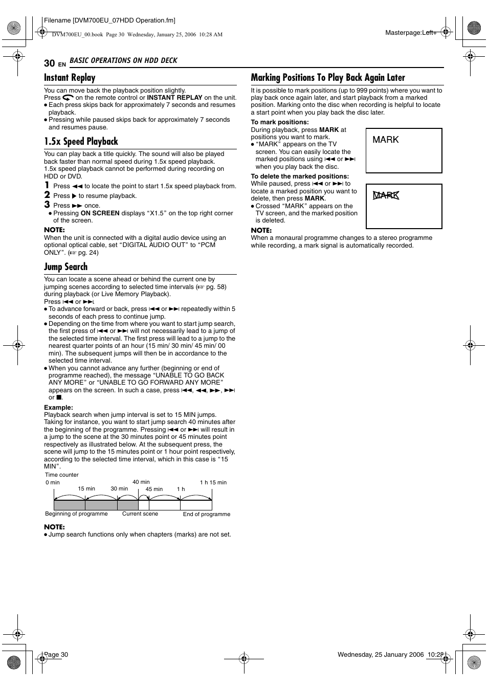 Instant replay, 5x speed playback, Jump search | Marking positions to play back again later | JVC MINI DV & HDD & DVD SR-DVM700E User Manual | Page 30 / 76