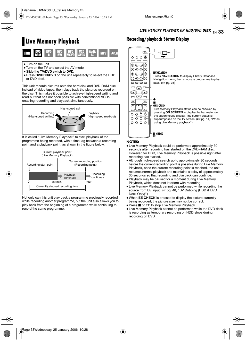 Live memory playback on hdd/dvd deck, Live memory playback, Recording/playback status display | JVC MINI DV & HDD & DVD SR-DVM700E User Manual | Page 33 / 76