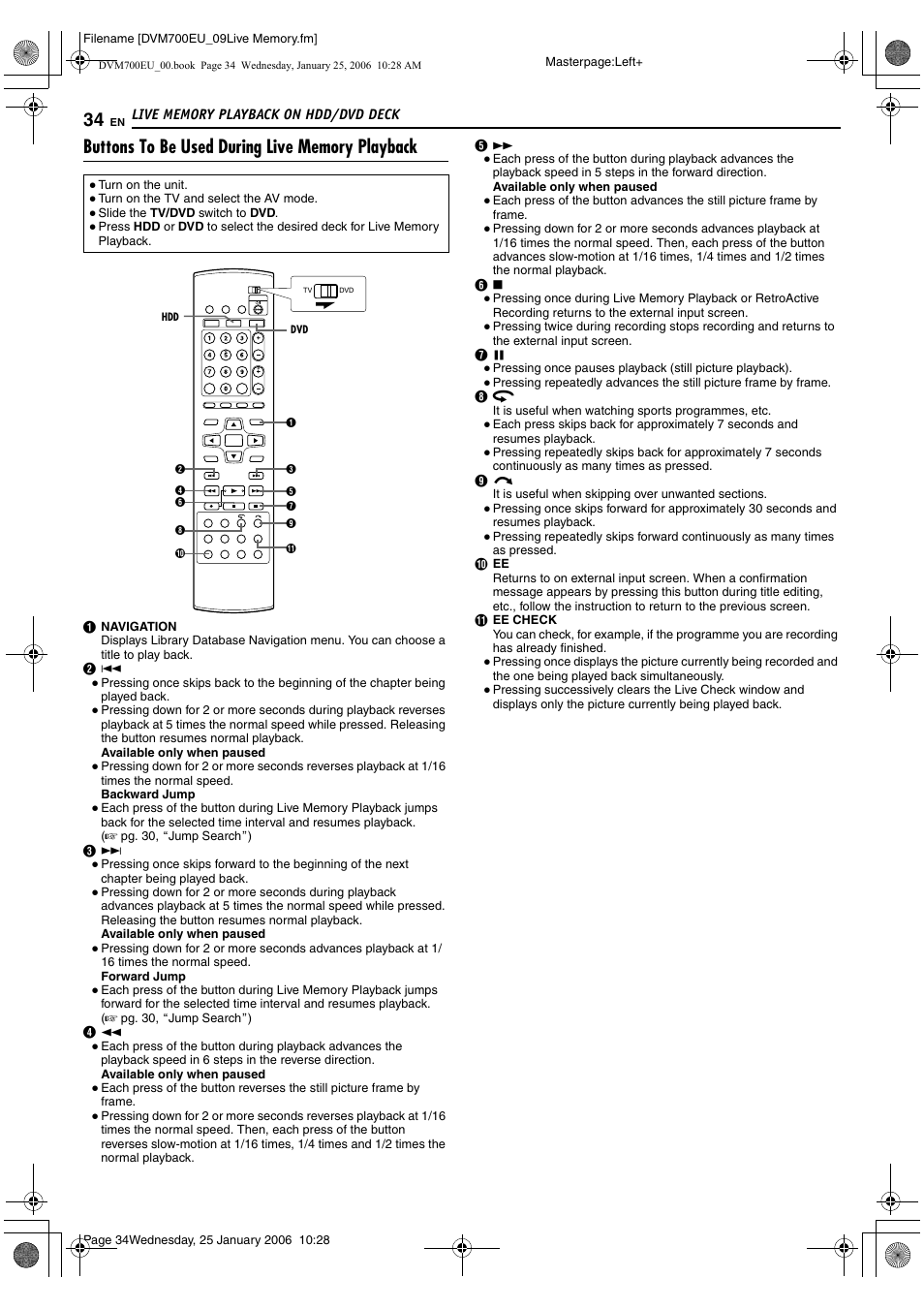 Buttons to be used during live memory playback | JVC MINI DV & HDD & DVD SR-DVM700E User Manual | Page 34 / 76