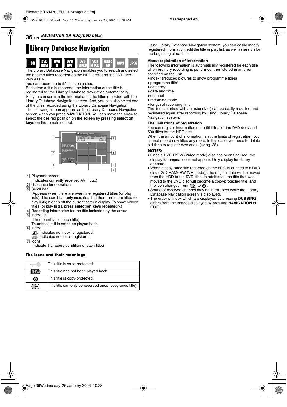 Navigation on hdd/dvd deck, Library database navigation | JVC MINI DV & HDD & DVD SR-DVM700E User Manual | Page 36 / 76