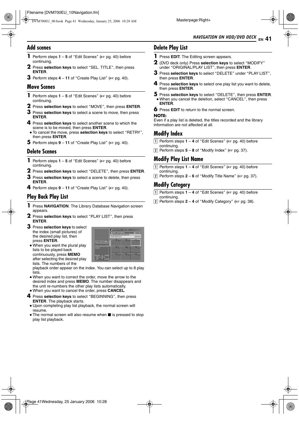 Add scenes, Move scenes, Delete scenes | Play back play list, Delete play list, Modify index, Modify play list name, Modify category | JVC MINI DV & HDD & DVD SR-DVM700E User Manual | Page 41 / 76