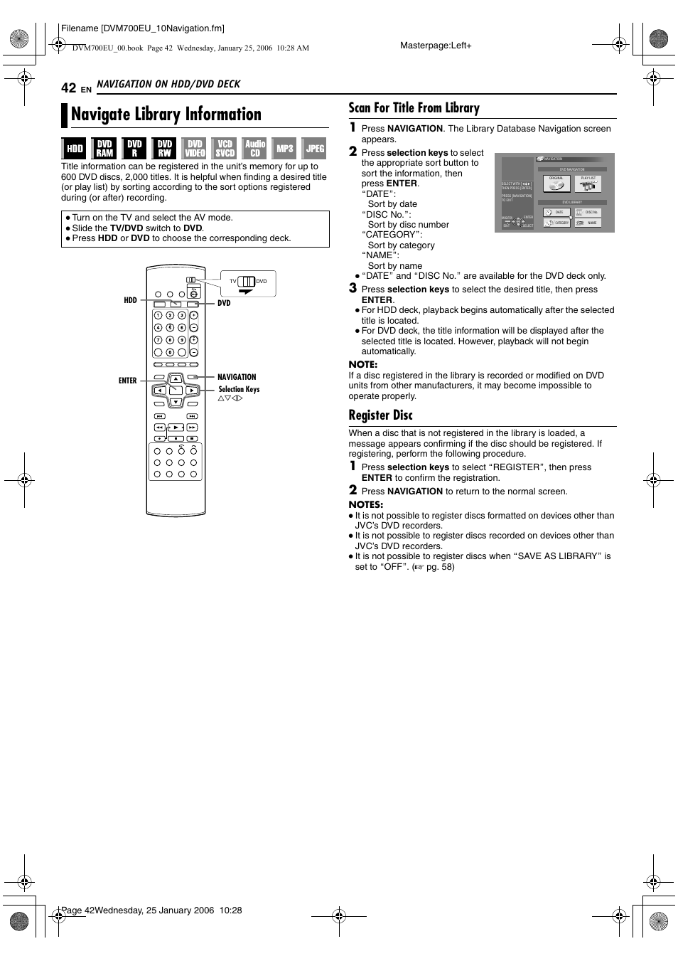 Navigate library information, Scan for title from library, Register disc | Navigation on hdd/dvd deck | JVC MINI DV & HDD & DVD SR-DVM700E User Manual | Page 42 / 76