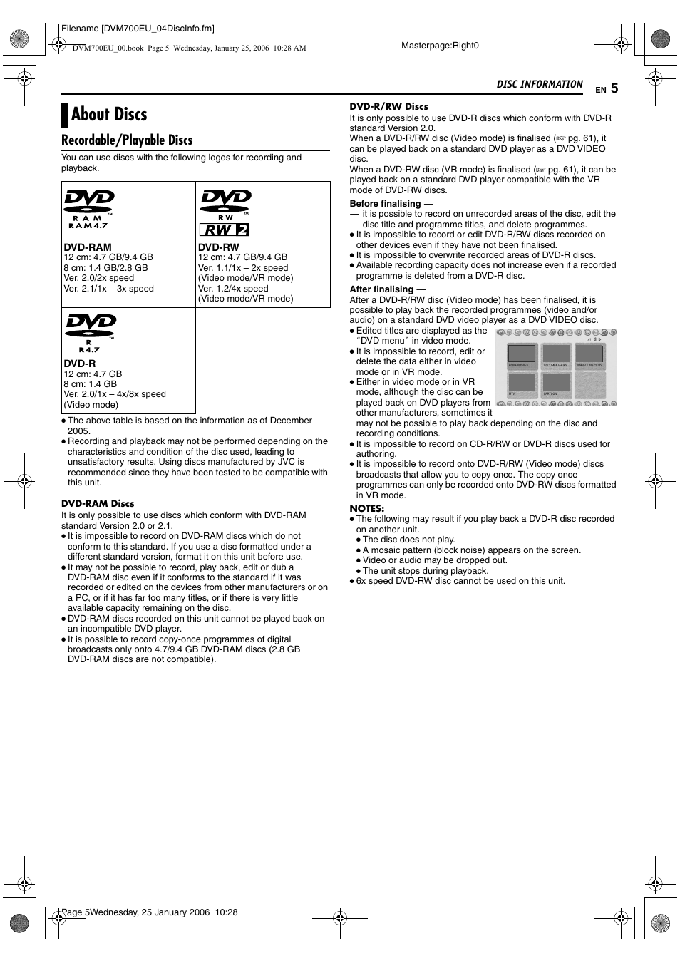 Disc information, About discs, Recordable/playable discs | JVC MINI DV & HDD & DVD SR-DVM700E User Manual | Page 5 / 76