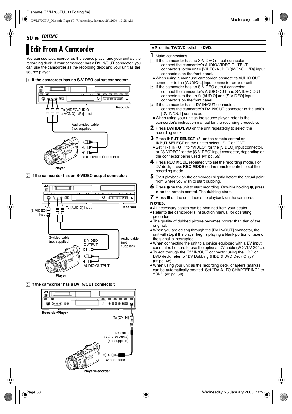 Edit from a camcorder | JVC MINI DV & HDD & DVD SR-DVM700E User Manual | Page 50 / 76