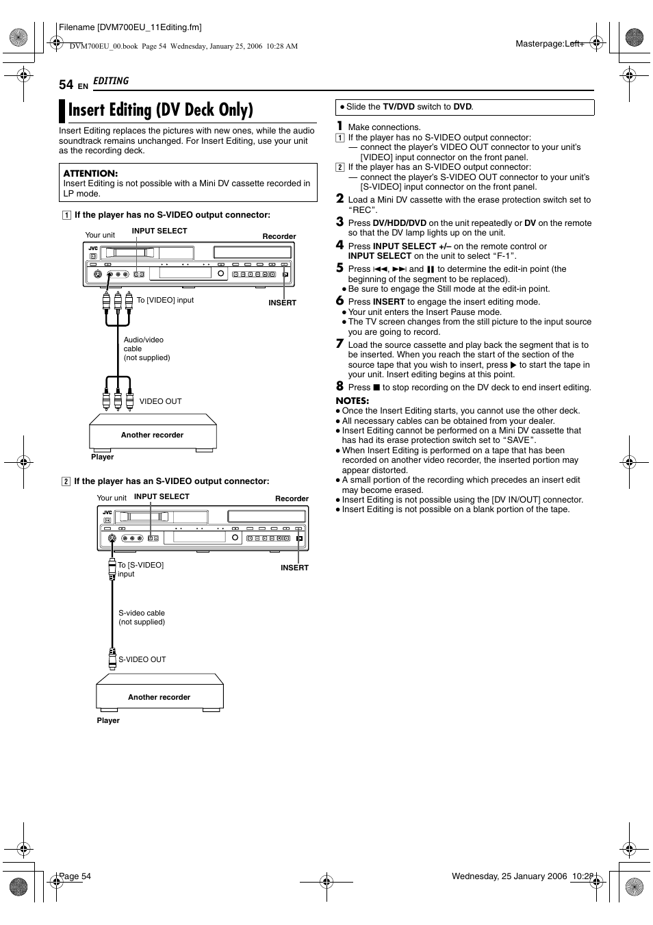 Insert editing (dv deck only) | JVC MINI DV & HDD & DVD SR-DVM700E User Manual | Page 54 / 76