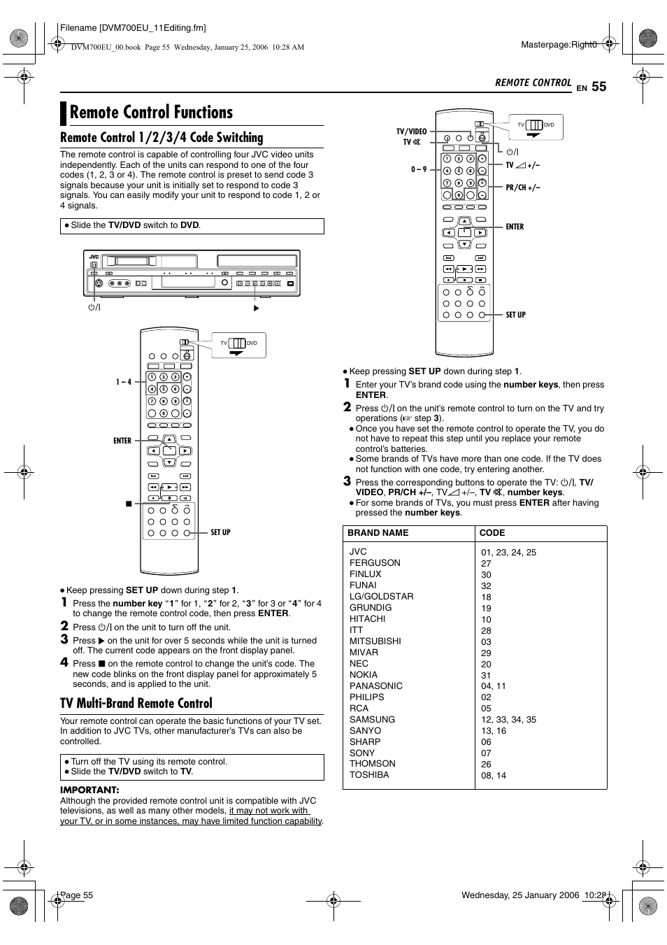 Remote control, Remote control functions, Remote control 1/2/3/4 code switching | Tv multi-brand remote control | JVC MINI DV & HDD & DVD SR-DVM700E User Manual | Page 55 / 76