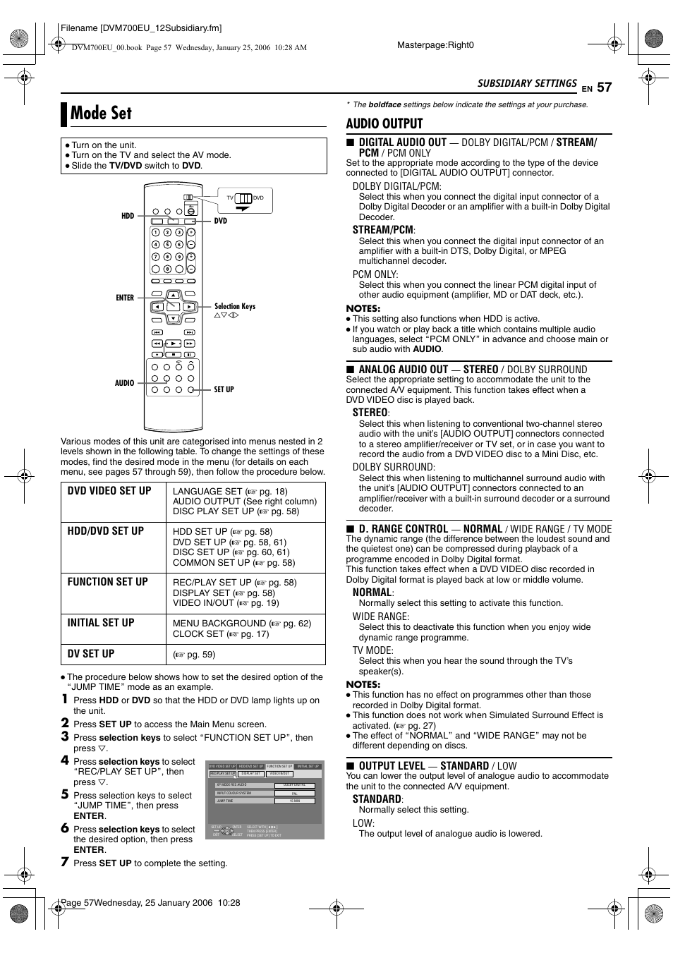 Subsidiary settings, Mode set, Audio output | JVC MINI DV & HDD & DVD SR-DVM700E User Manual | Page 57 / 76