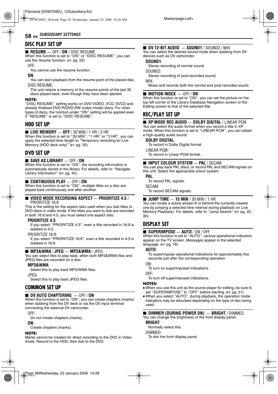 Disc play set up, Hdd set up, Dvd set up | Common set up, Rec/play set up, Display set | JVC MINI DV & HDD & DVD SR-DVM700E User Manual | Page 58 / 76