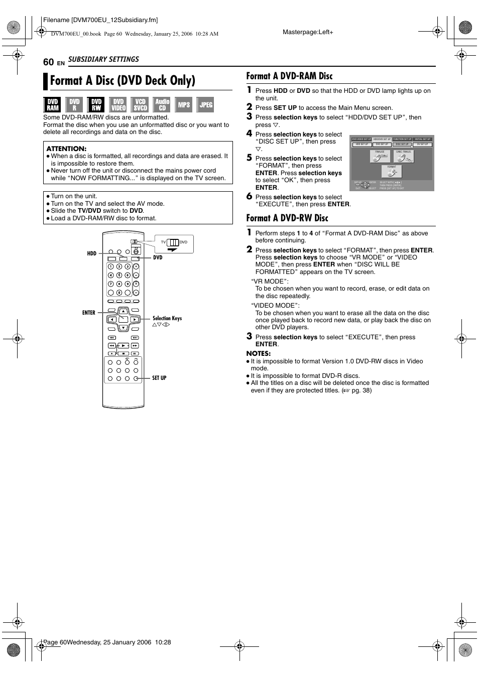 Format a disc (dvd deck only), Format a dvd-ram disc, Format a dvd-rw disc | Subsidiary settings | JVC MINI DV & HDD & DVD SR-DVM700E User Manual | Page 60 / 76