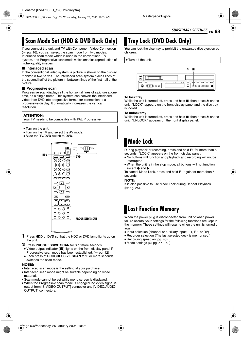 Scan mode set (hdd & dvd deck only), Tray lock (dvd deck only), Mode lock | Last function memory | JVC MINI DV & HDD & DVD SR-DVM700E User Manual | Page 63 / 76