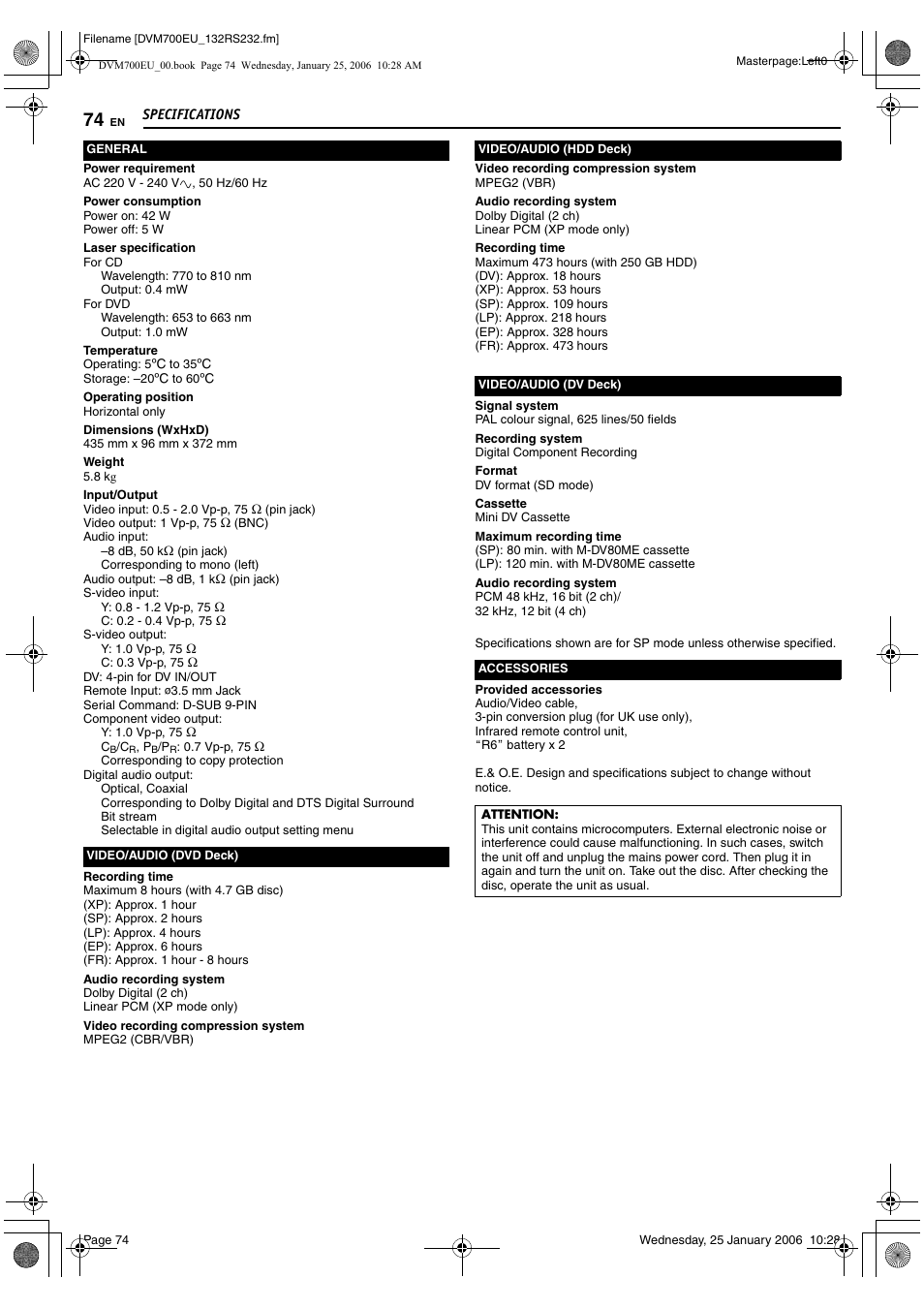 Specifications | JVC MINI DV & HDD & DVD SR-DVM700E User Manual | Page 74 / 76