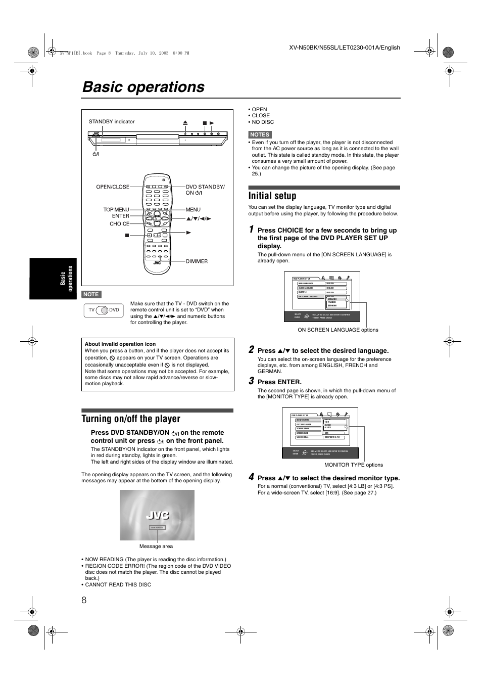 Basic operations, Turning on/off the player, Initial setup | Press 5 / ∞ to select the desired language, Press enter, Press 5 / ∞ to select the desired monitor type | JVC XV-NP1SL User Manual | Page 10 / 40