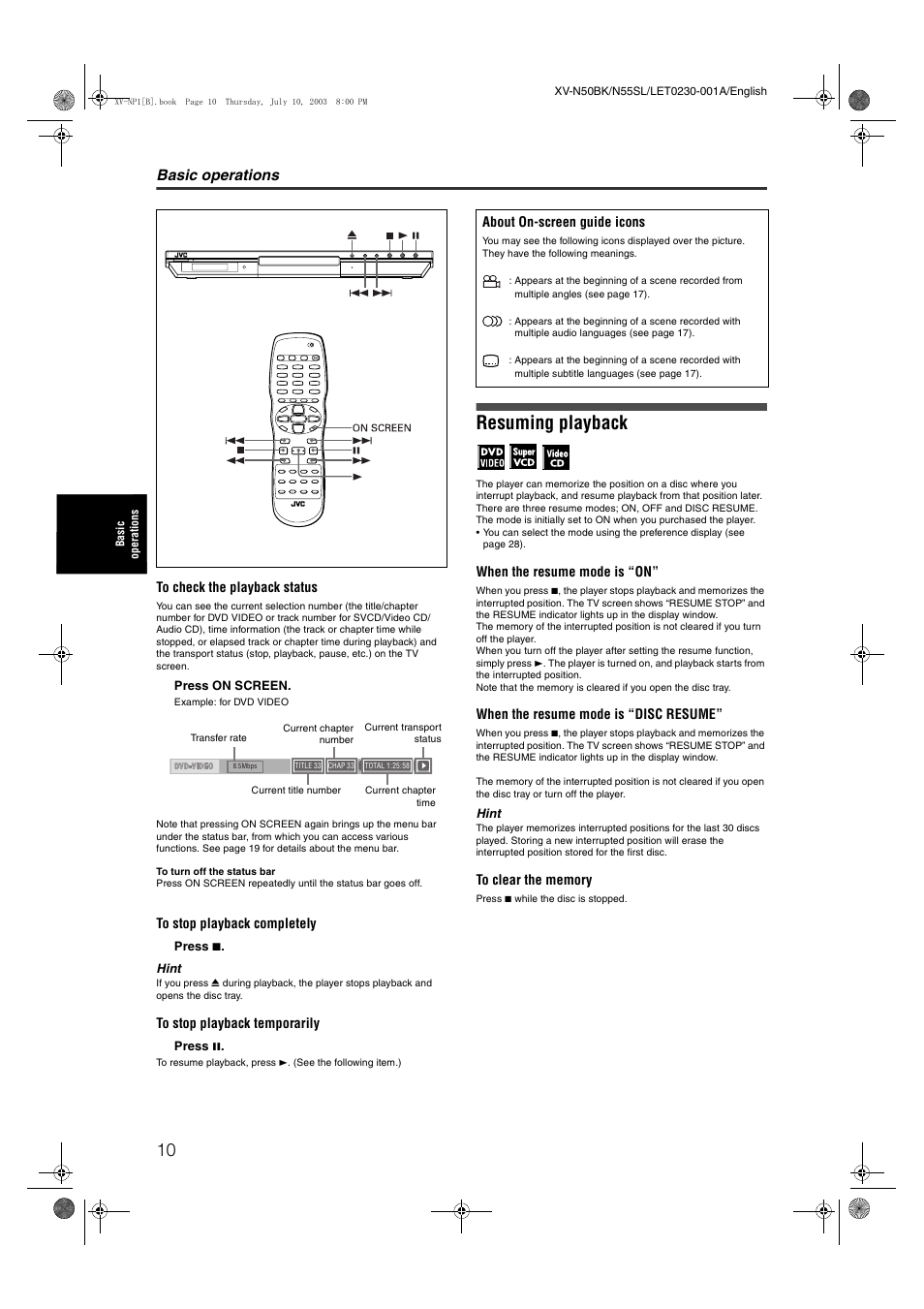 Resuming playback, Basic operations | JVC XV-NP1SL User Manual | Page 12 / 40