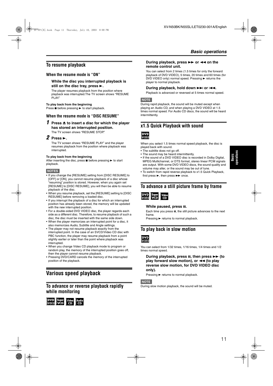 Various speed playback, X1.5 quick playback with sound, Basic operations | JVC XV-NP1SL User Manual | Page 13 / 40