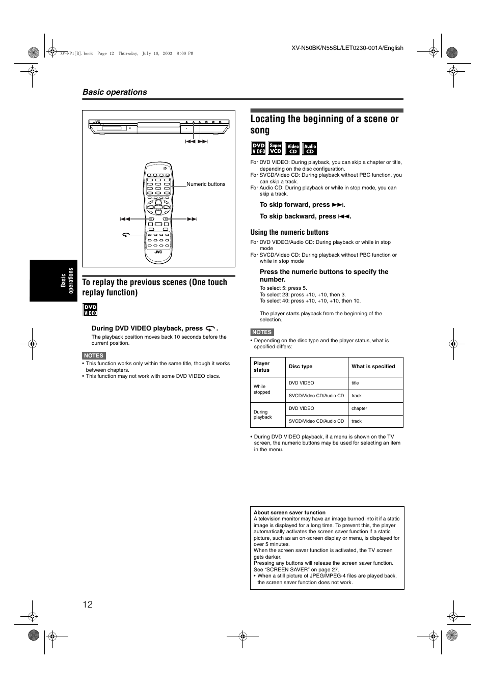 Locating the beginning of a scene or song, Basic operations | JVC XV-NP1SL User Manual | Page 14 / 40