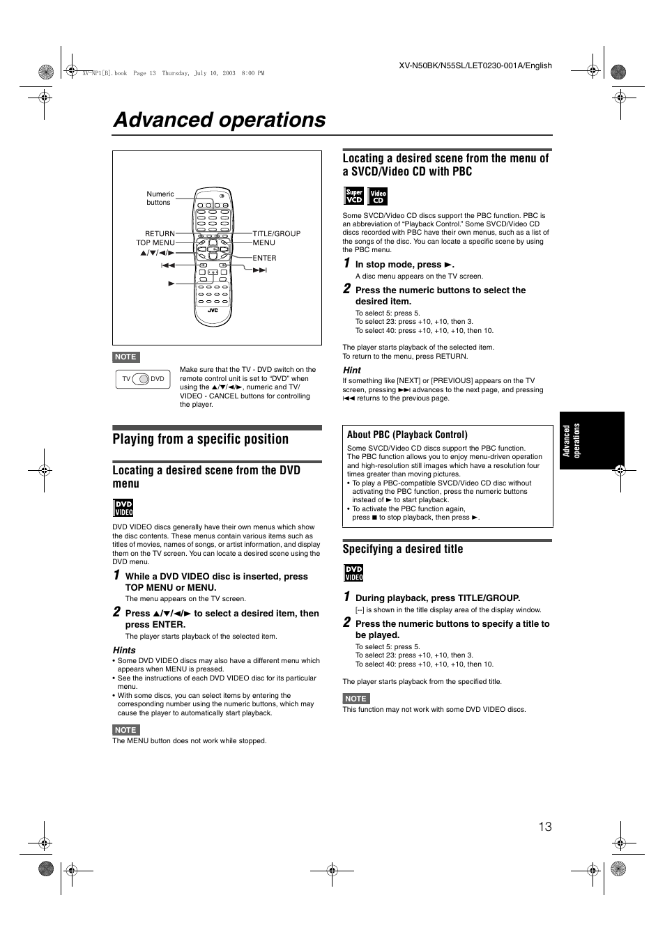 Advanced operations, Playing from a specific position, Locating a desired scene from the dvd menu | Specifying a desired title | JVC XV-NP1SL User Manual | Page 15 / 40