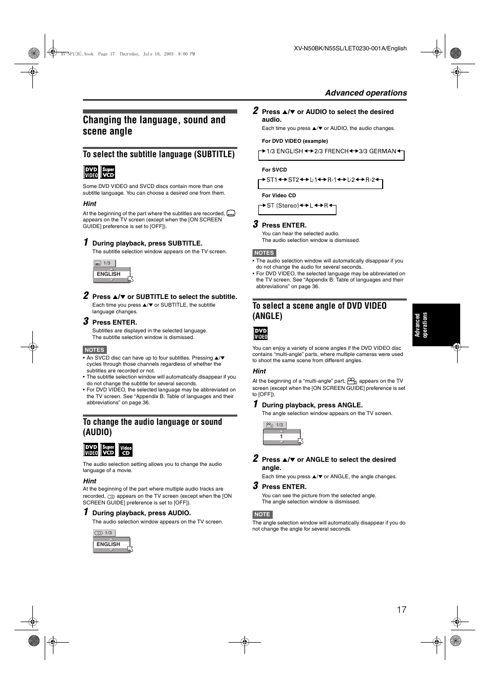 Changing the language, sound and scene angle | JVC XV-NP1SL User Manual | Page 19 / 40