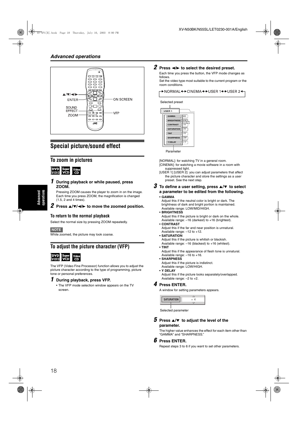 Special picture/sound effect, Advanced operations | JVC XV-NP1SL User Manual | Page 20 / 40