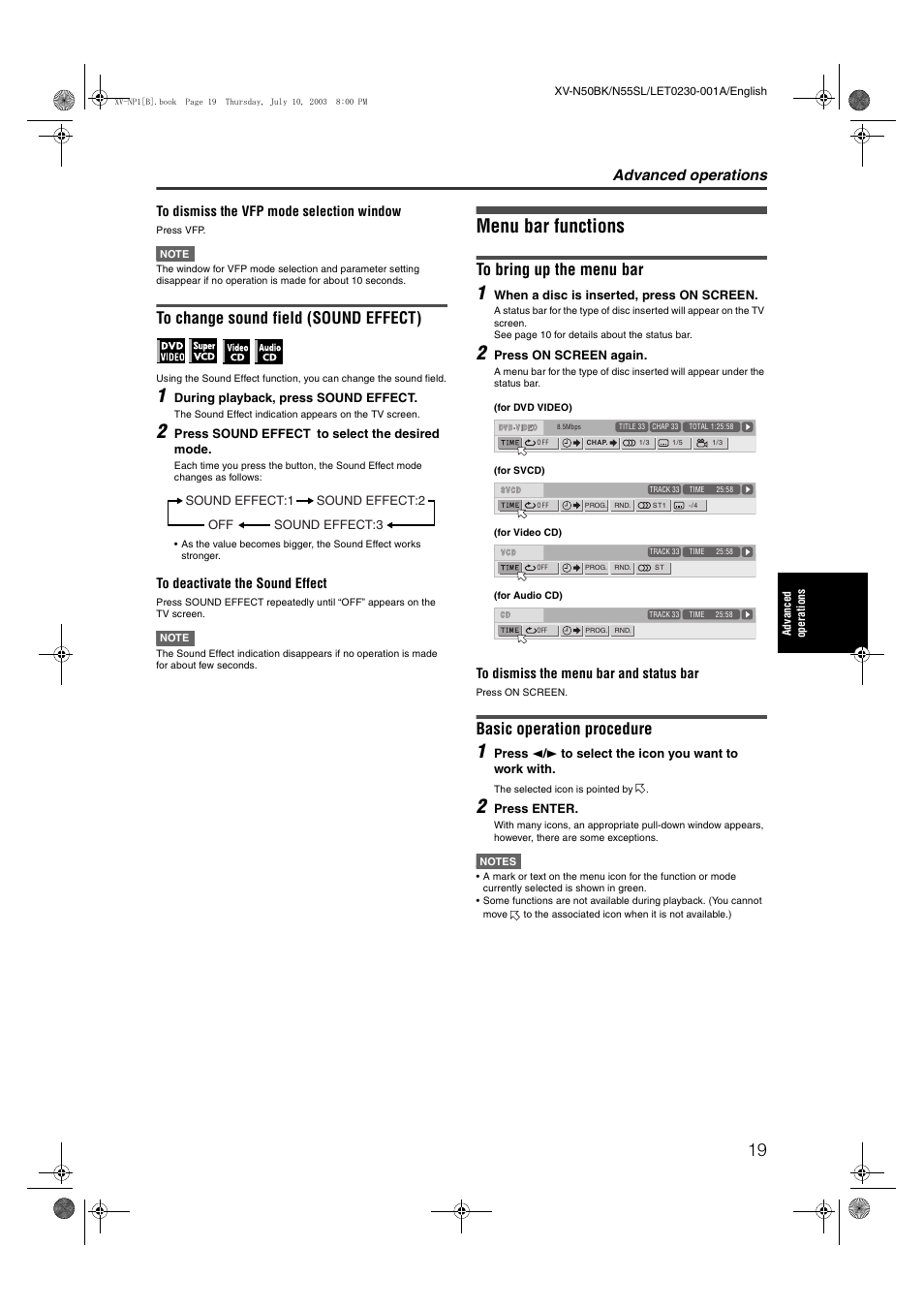 Menu bar functions, Basic operation procedure, Advanced operations | JVC XV-NP1SL User Manual | Page 21 / 40