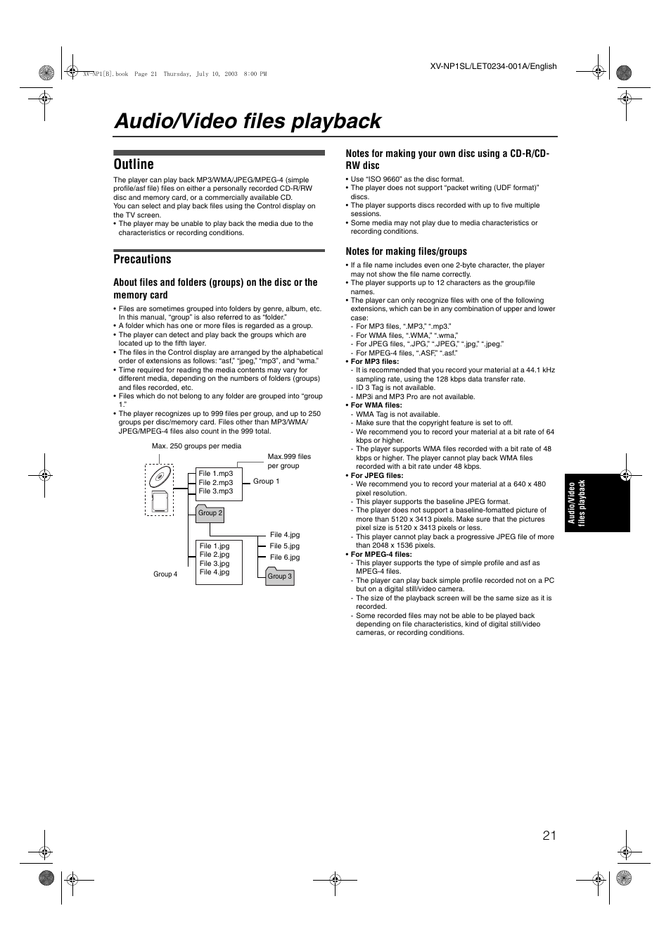 Audio/video files playback, Outline, Precautions | JVC XV-NP1SL User Manual | Page 23 / 40