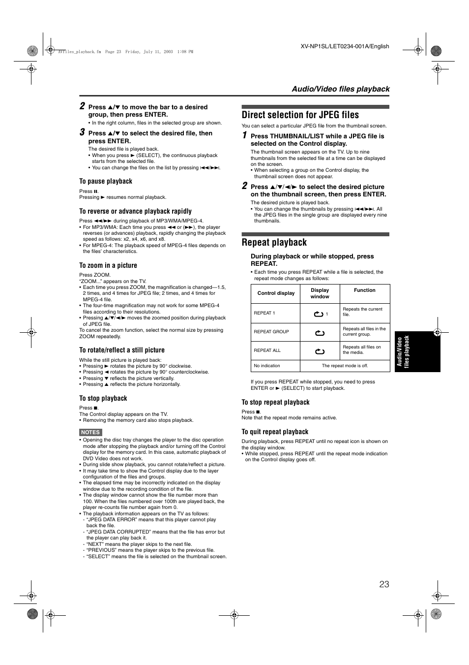 Direct selection for jpeg files, Repeat playback, Audio/video files playback | JVC XV-NP1SL User Manual | Page 25 / 40