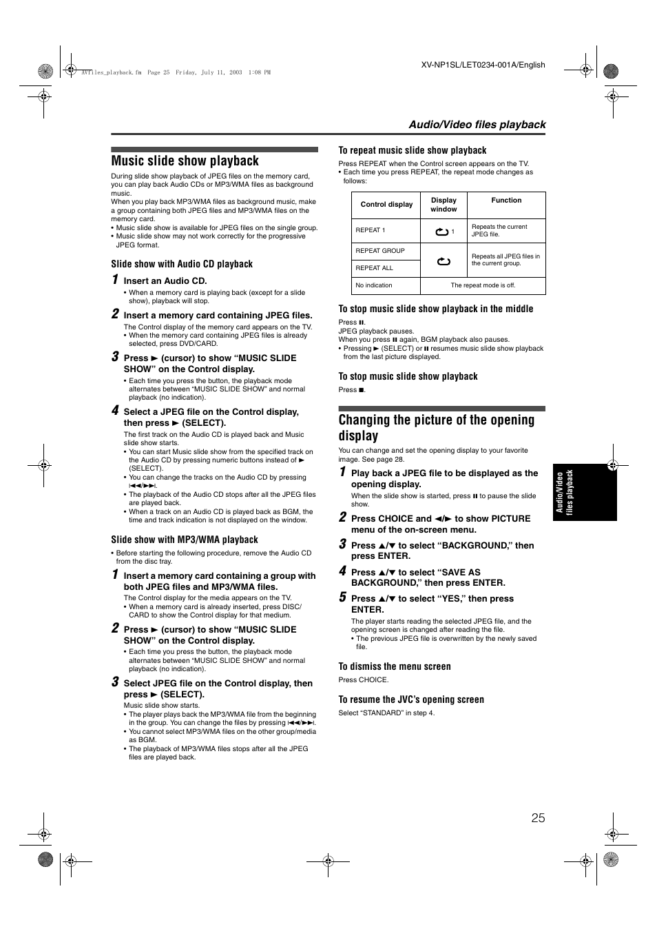 Music slide show playback, Changing the picture of the opening display | JVC XV-NP1SL User Manual | Page 27 / 40