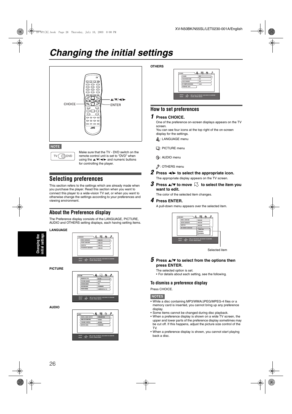 Changing the initial settings, Selecting preferences, About the preference display | How to set preferences, Press choice, Press 2 / 3 to select the appropriate icon, Press enter | JVC XV-NP1SL User Manual | Page 28 / 40