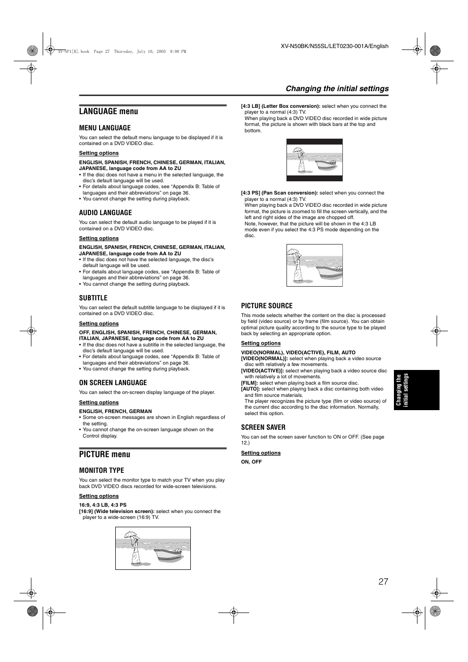 Language menu, Picture menu, Changing the initial settings | JVC XV-NP1SL User Manual | Page 29 / 40