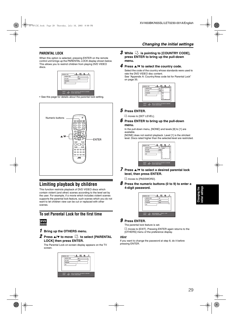 Limiting playback by children, Changing the initial settings, Parental lock | Bring up the others menu, Press 5 / ∞ to select the country code, Press enter, Press enter to bring up the pull-down menu, Hint | JVC XV-NP1SL User Manual | Page 31 / 40