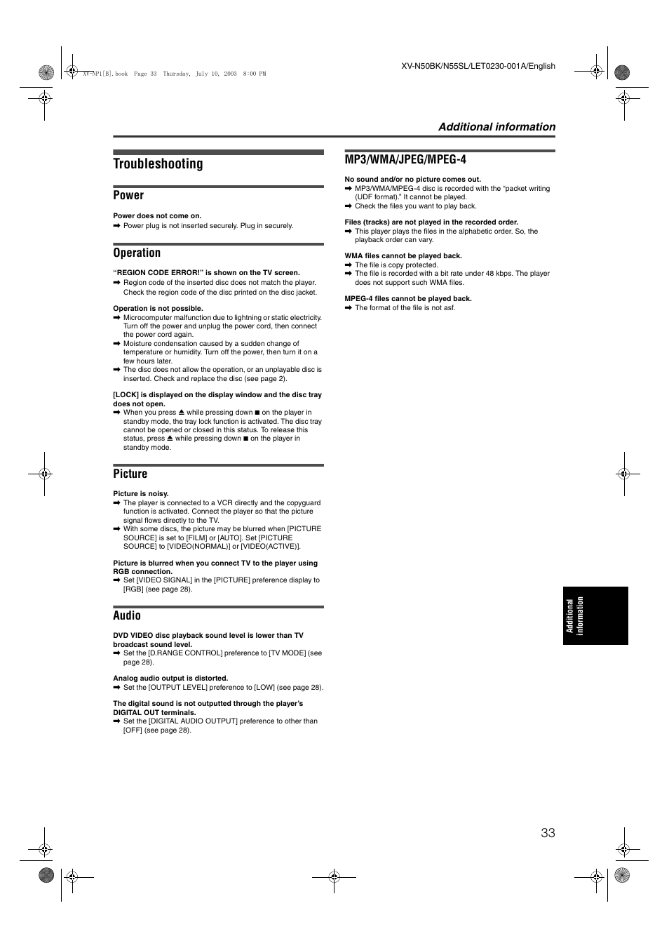 Troubleshooting, Power, Operation | Picture, Audio, Mp3/wma/jpeg/mpeg-4, Additional information | JVC XV-NP1SL User Manual | Page 35 / 40