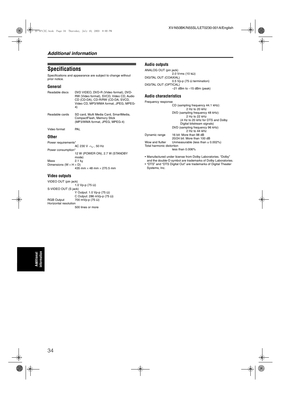 Specifications, Additional information | JVC XV-NP1SL User Manual | Page 36 / 40