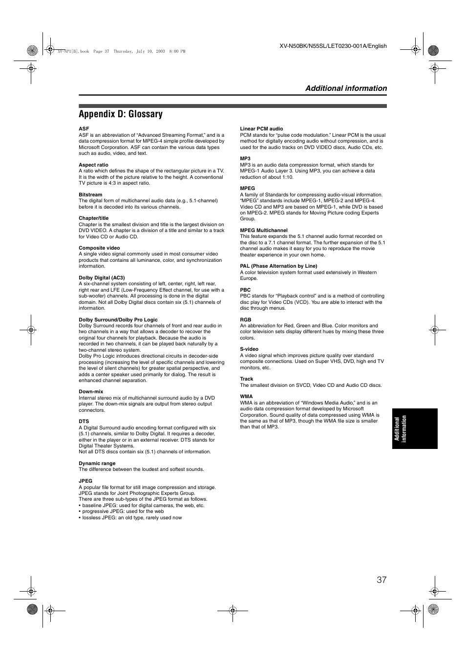 Appendix d: glossary, Additional information | JVC XV-NP1SL User Manual | Page 39 / 40