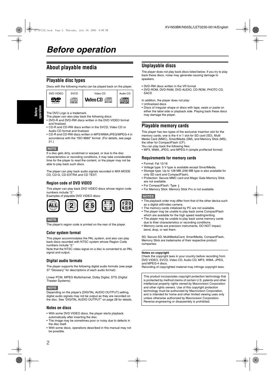 Before operation, About playable media, Playable disc types | Unplayable discs | JVC XV-NP1SL User Manual | Page 4 / 40