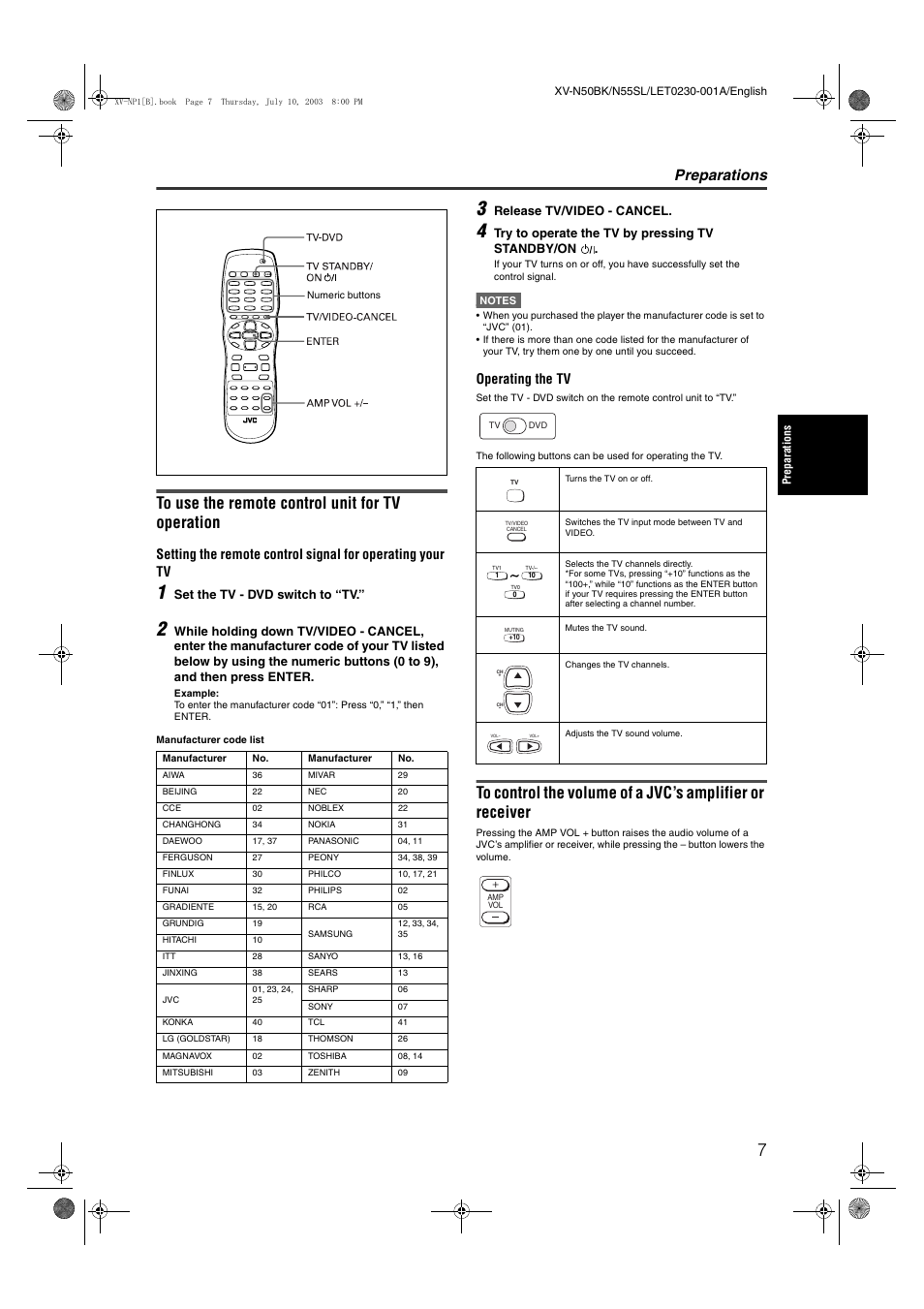 Preparations, Operating the tv, Set the tv - dvd switch to “tv | Release tv/video - cancel, Try to operate the tv by pressing tv standby/on | JVC XV-NP1SL User Manual | Page 9 / 40