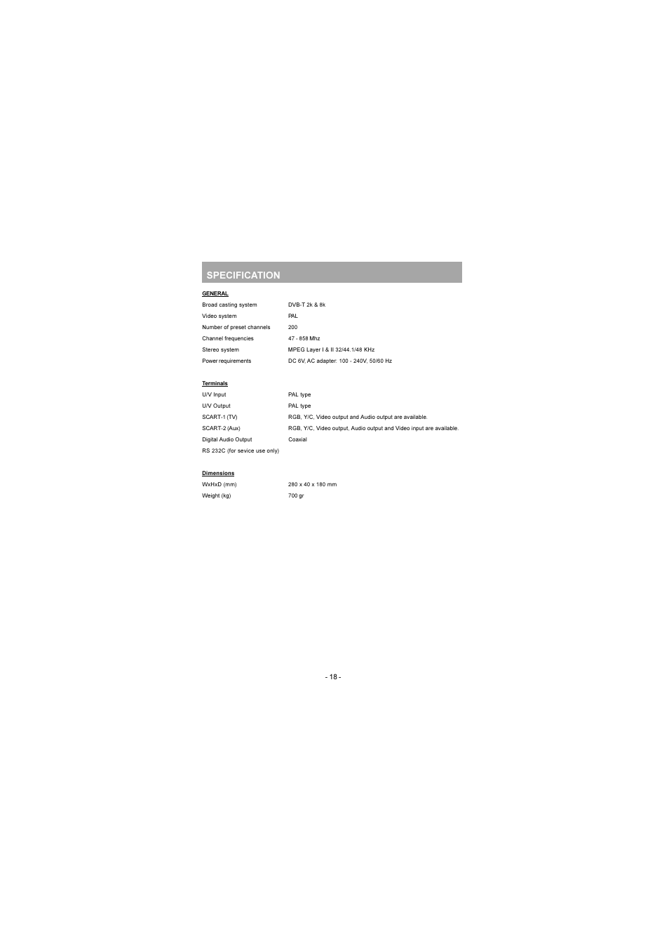 Specification | JVC TU-DB1SU User Manual | Page 19 / 22