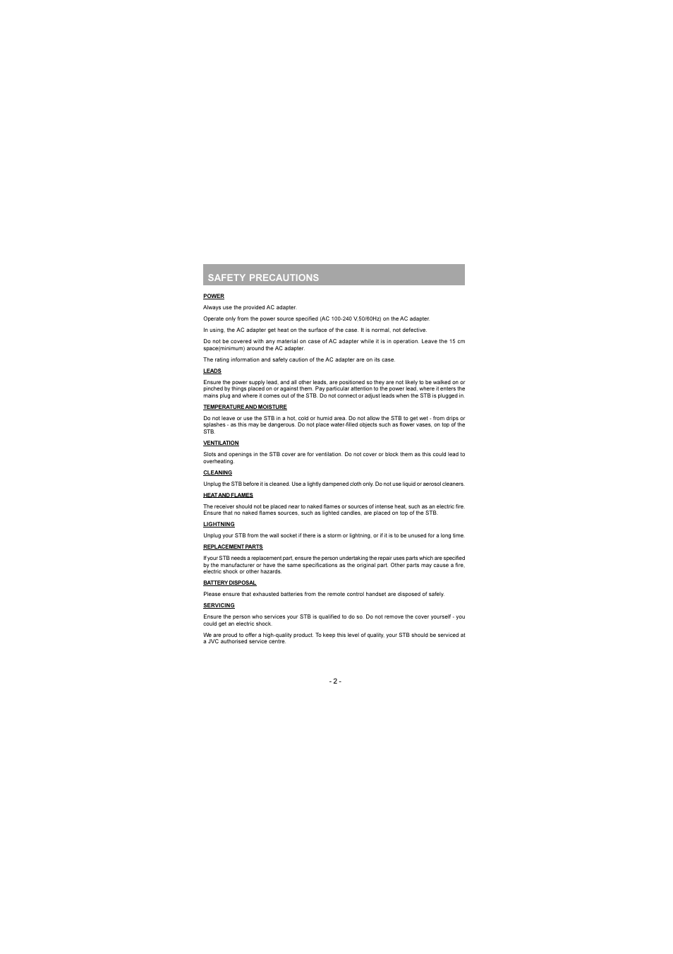 Safety precautions | JVC TU-DB1SU User Manual | Page 3 / 22