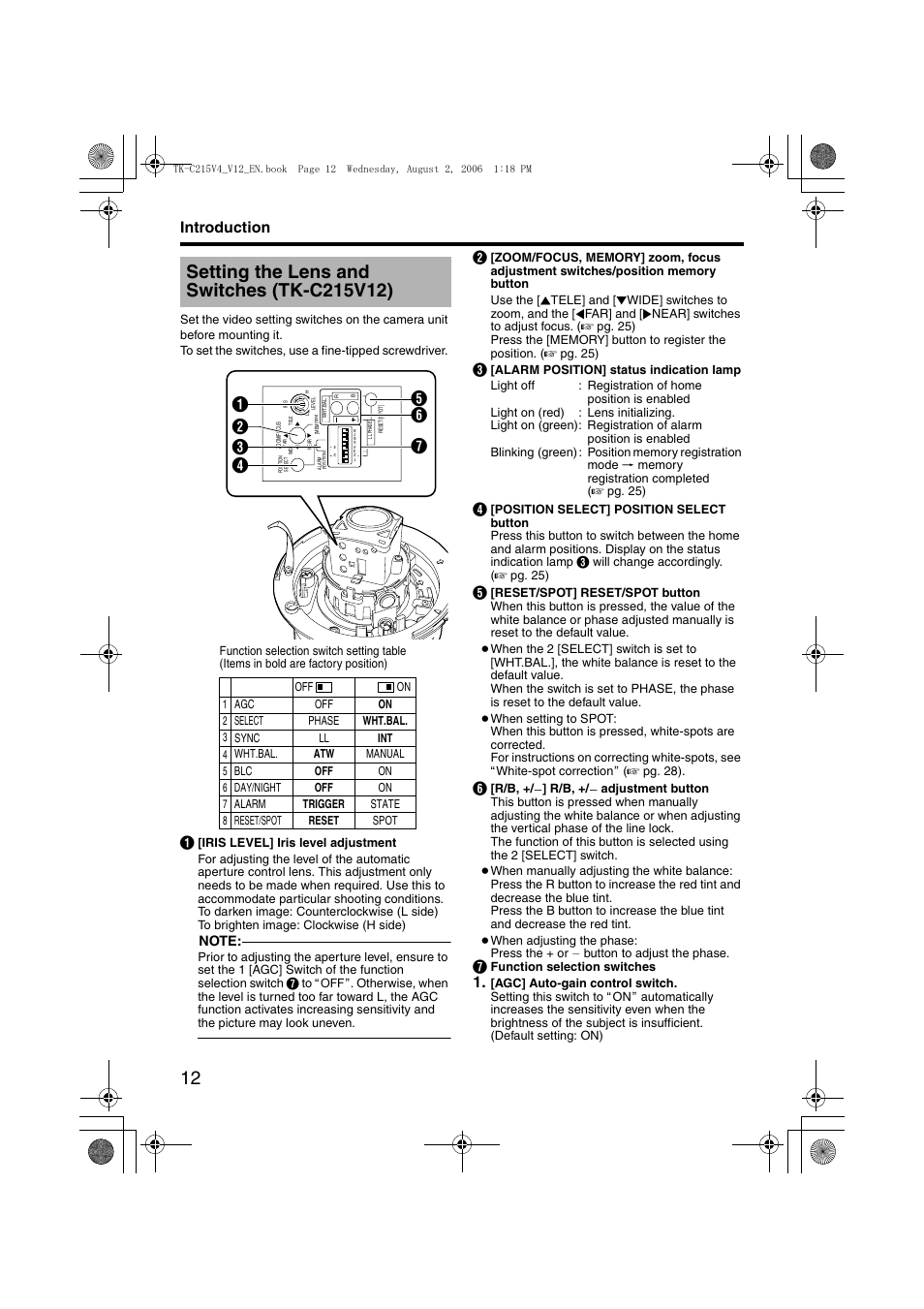 Setting the lens and switches (tk-c215v12), Introduction | JVC LST0420-001B User Manual | Page 12 / 32