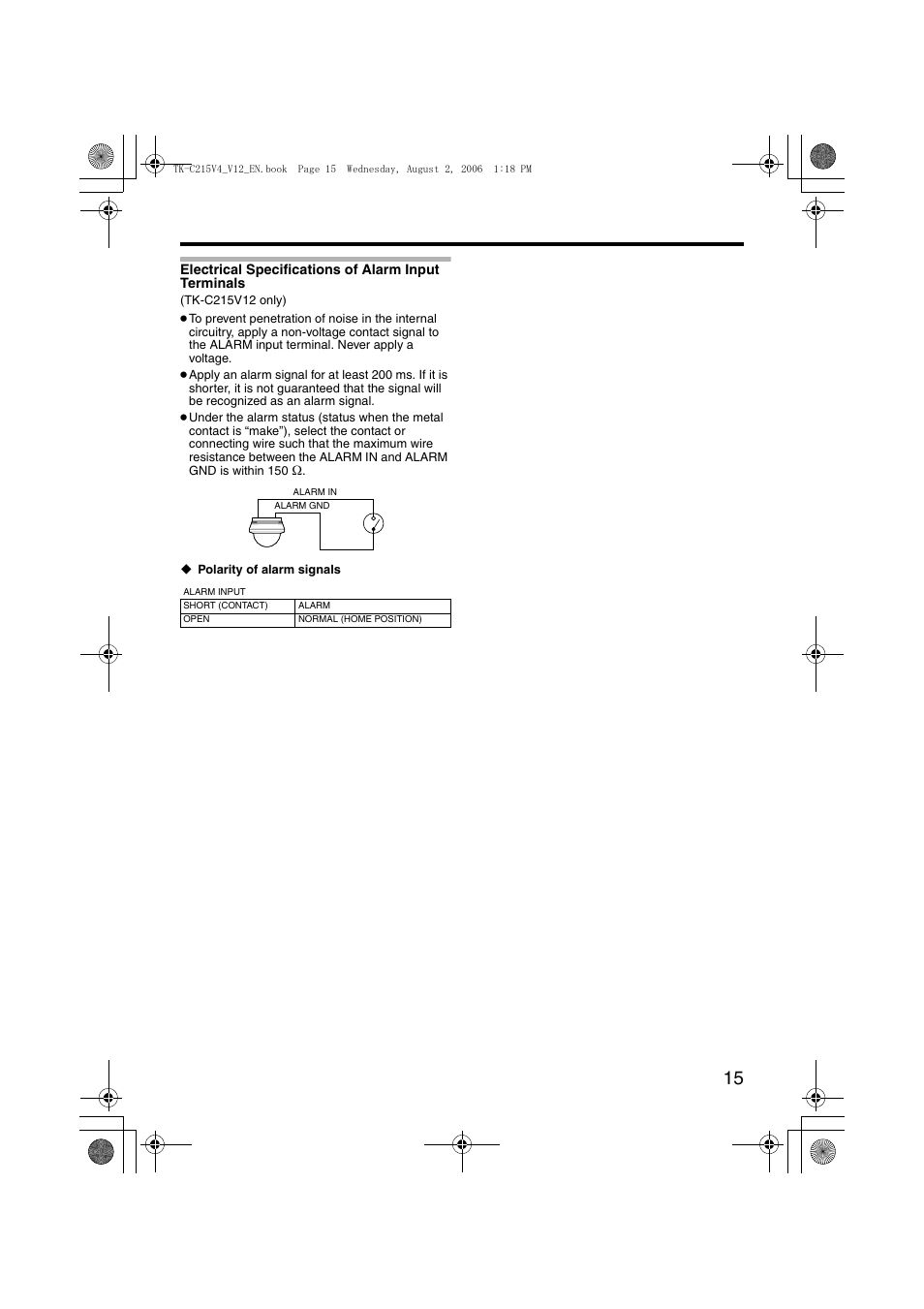 Electrical specifications of alarm input terminals, A pg. 15), A pg. 15 | Aelectrical specifications of alarm, Input terminals | JVC LST0420-001B User Manual | Page 15 / 32