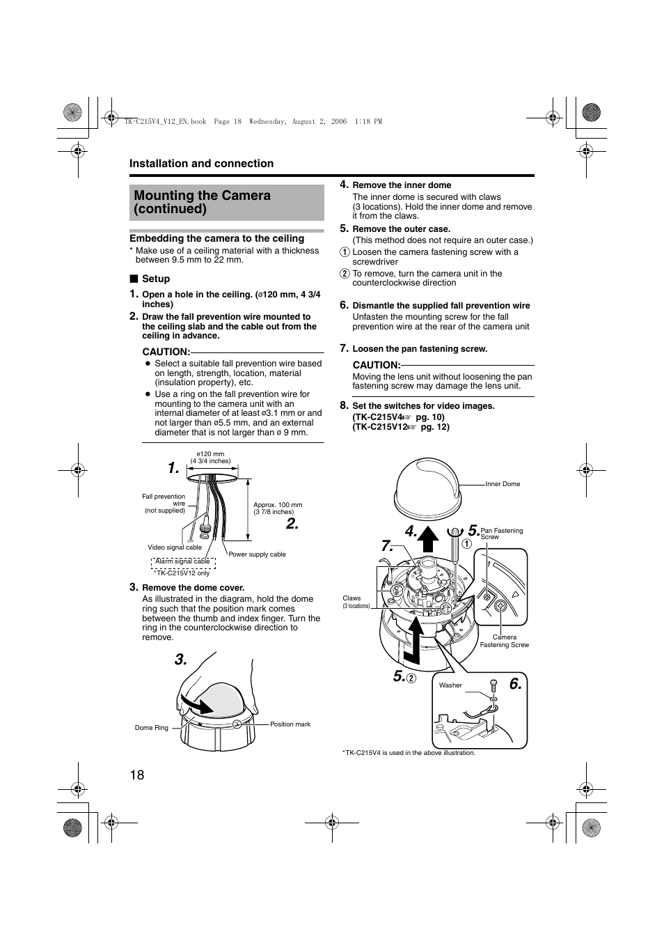 Embedding the camera to the ceiling, A pg. 18, 20), A pg. 18 | Aembedding the camera to the ceilingb, E ceiling, A pg. 18), Mounting the camera (continued) | JVC LST0420-001B User Manual | Page 18 / 32