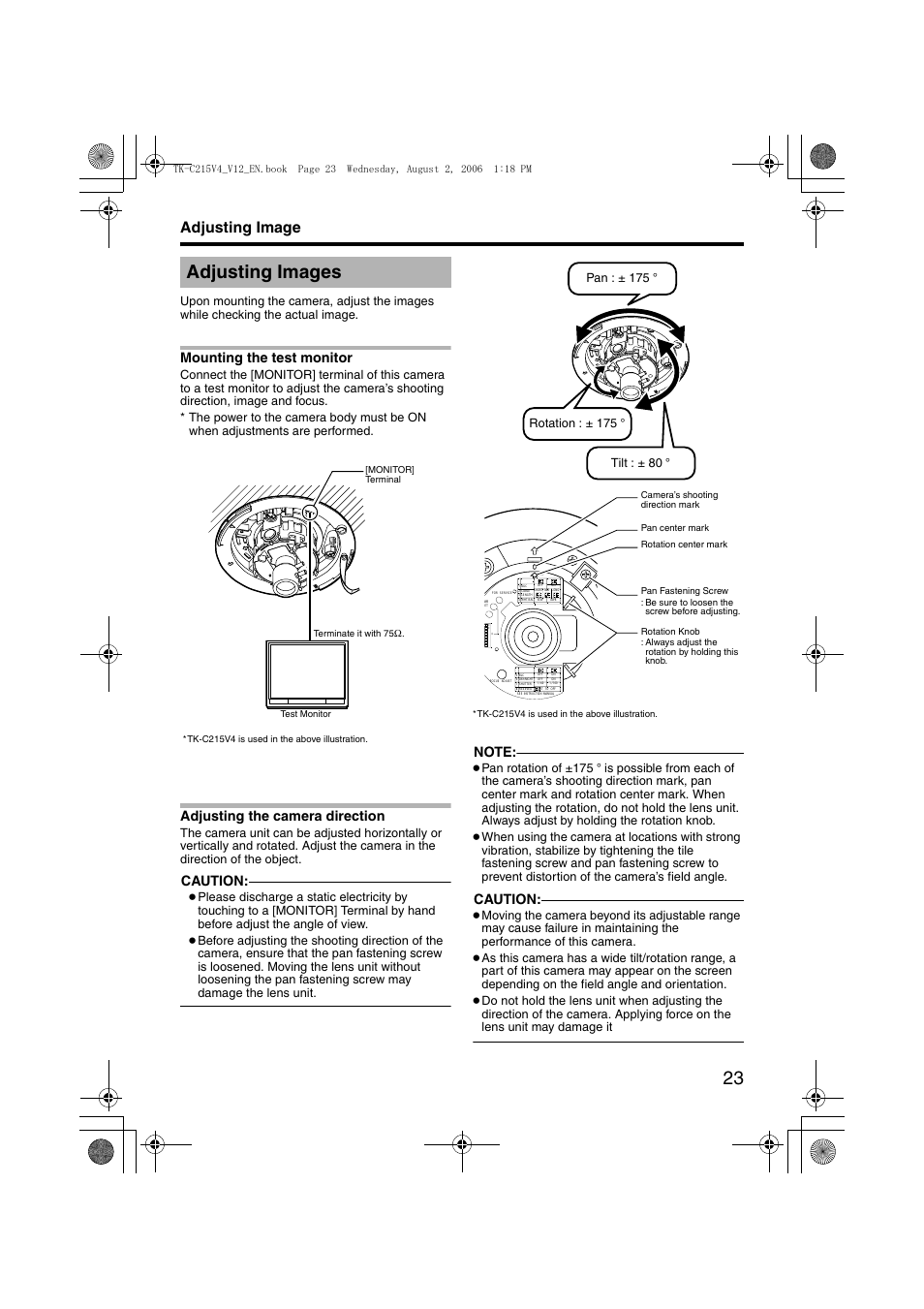 Adjusting image, Adjusting images, A pg. 23) | Ation, A pg. 23, Aadjusting imagesb), Mounting the test monitor, Adjusting the camera direction, Caution | JVC LST0420-001B User Manual | Page 23 / 32