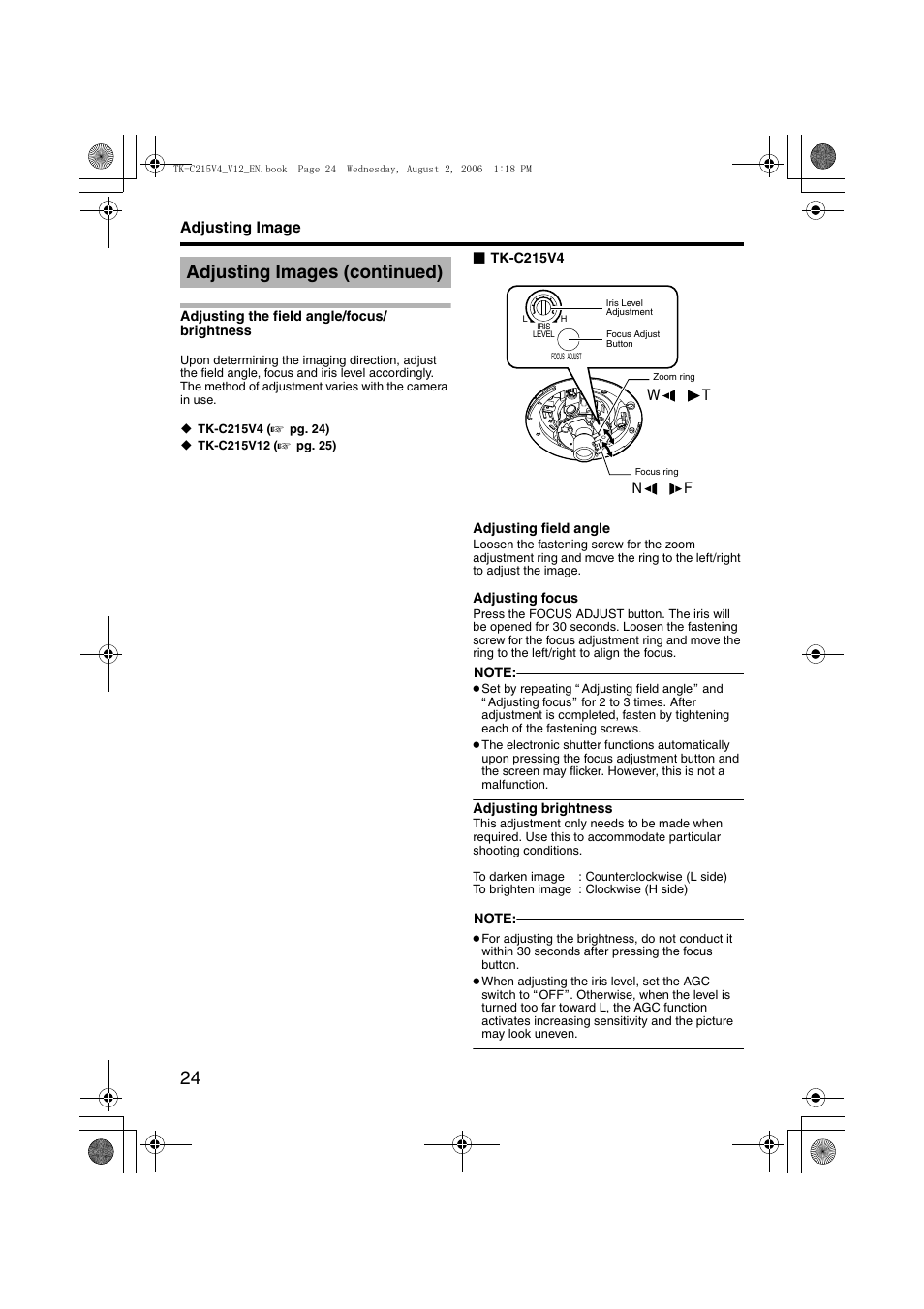 Adjusting the field angle/focus/brightness, Ation, A pg. 24) | Sily adjusted, Adjusting images (continued) | JVC LST0420-001B User Manual | Page 24 / 32