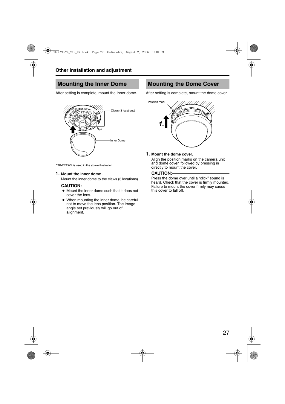 Other installation and adjustment, Mounting the inner dome, Mounting the dome cover | Mounting the inner dome mounting the dome cover | JVC LST0420-001B User Manual | Page 27 / 32