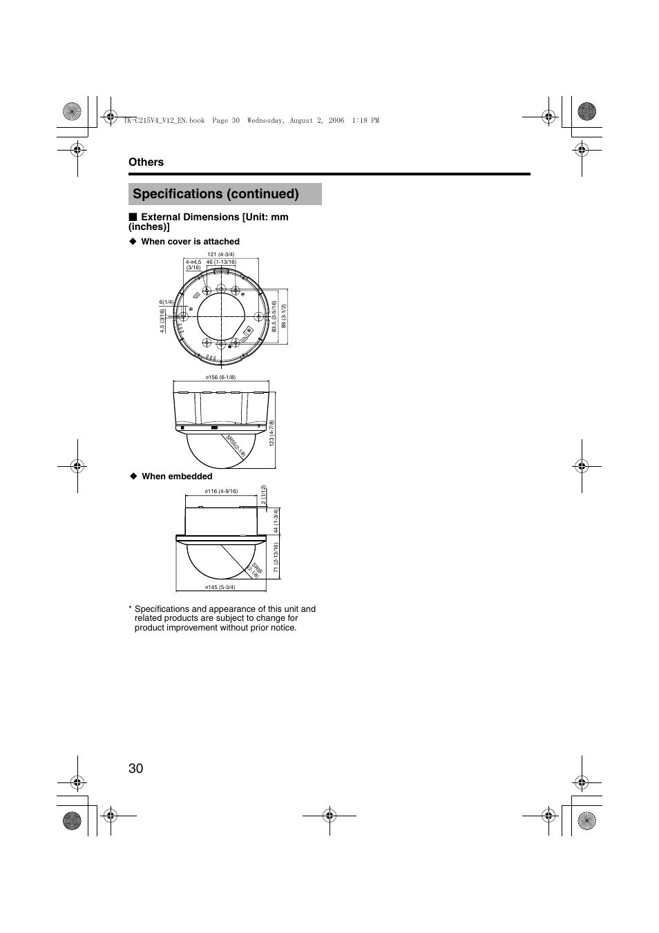 Specifications (continued), Others, External dimensions [unit: mm (inches) | JVC LST0420-001B User Manual | Page 30 / 32