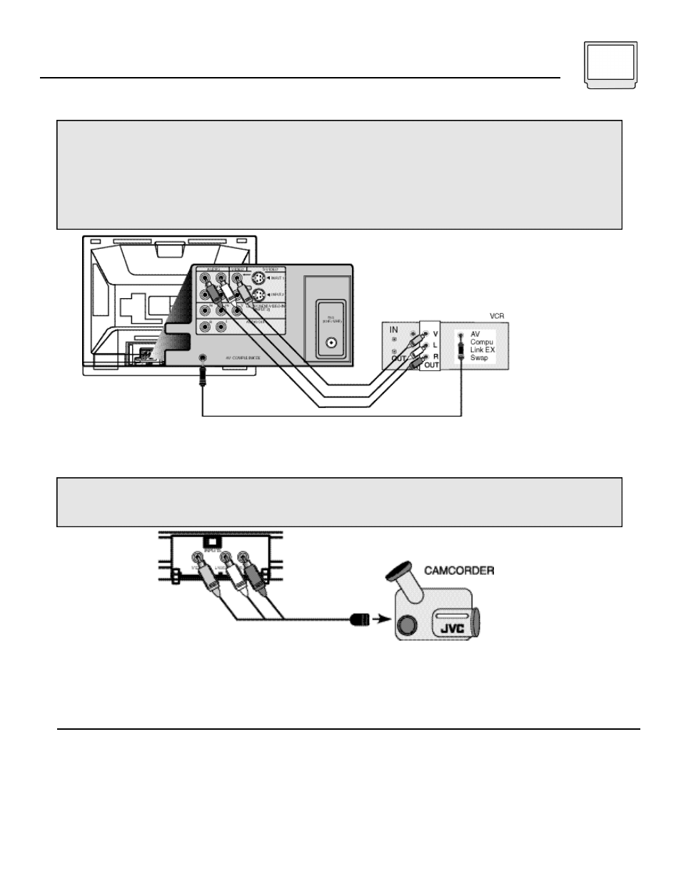 Connections 9, Connecting to jvc av compu link capable components, Connecting to a camcorder | JVC AV-36D501 User Manual | Page 9 / 32