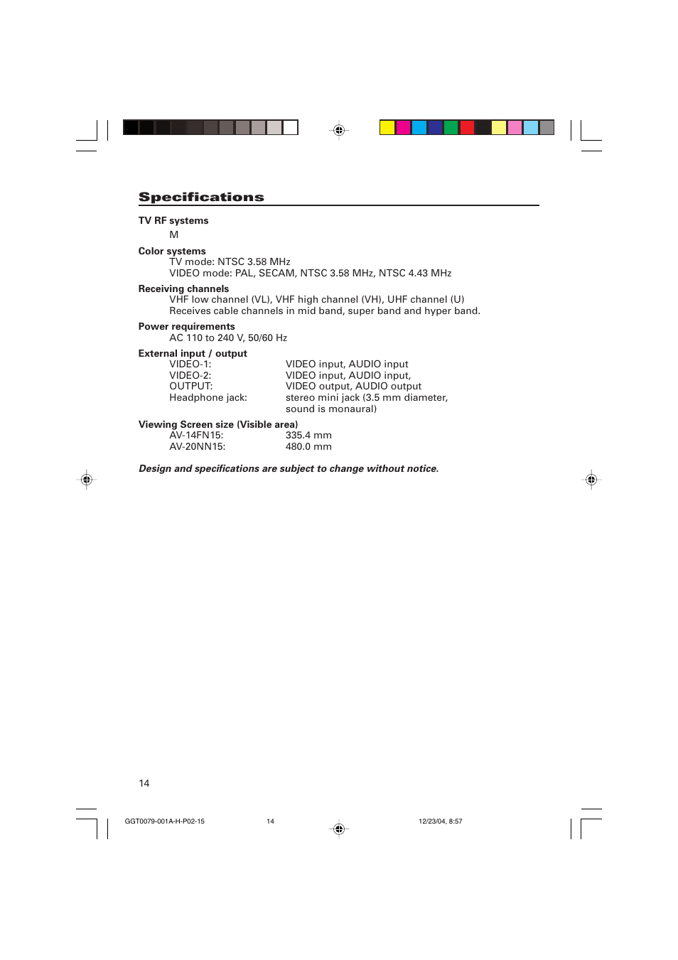 Specifications | JVC AV-14FN15 User Manual | Page 14 / 36