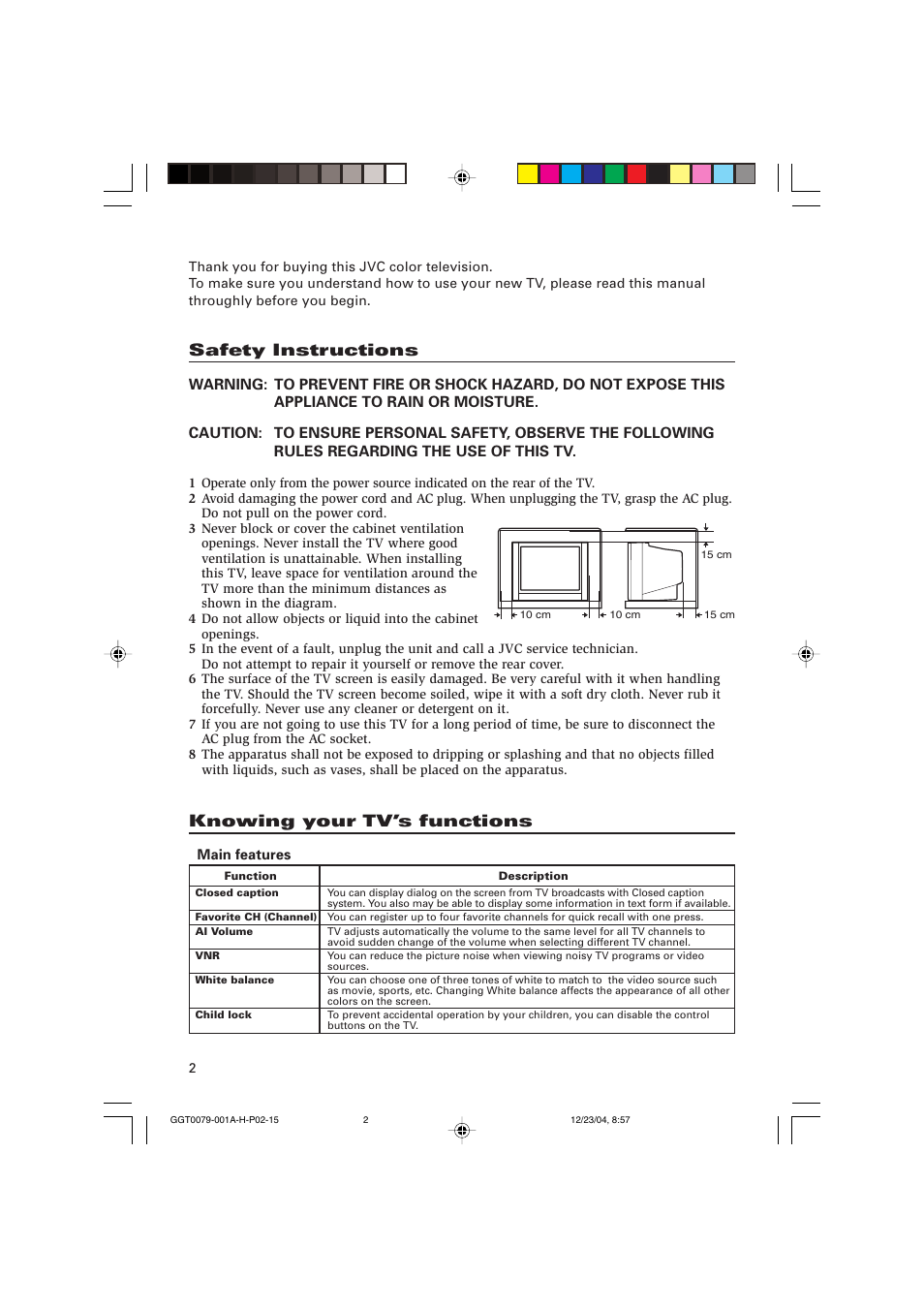 Safety instructions, Knowing your tv’s functions | JVC AV-14FN15 User Manual | Page 2 / 36