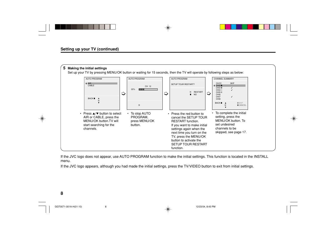 Setting up your tv (continued) | JVC AV-14FN15 User Manual | Page 24 / 36