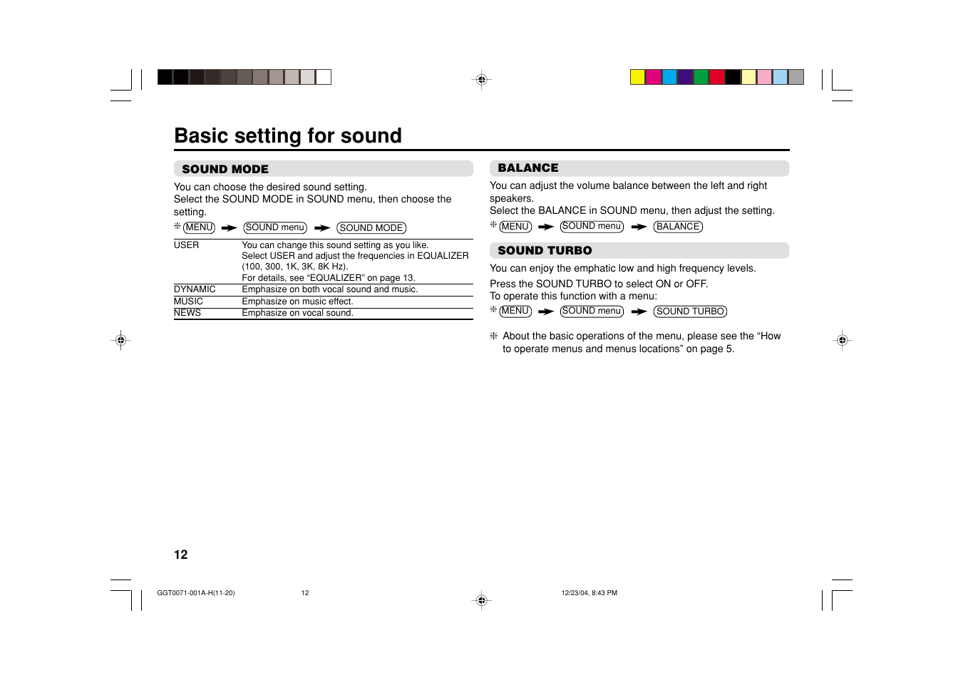 Basic setting for sound | JVC AV-14FN15 User Manual | Page 28 / 36